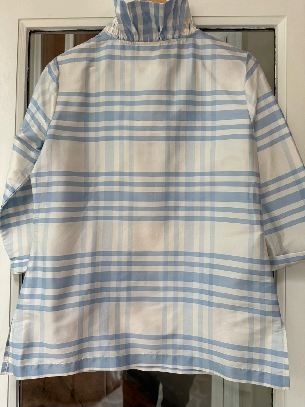 Devon Baer Silk Light Blue Plaid Ruffle-Trim Tunic Beautiful for a summer party - Picture 5 of 8